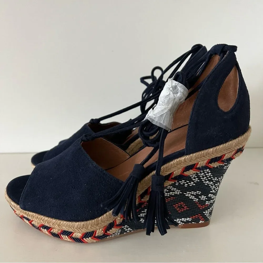 Cabi Isla NWOT wedge blue suede ankle tie up strap espadrilles sandals size 6